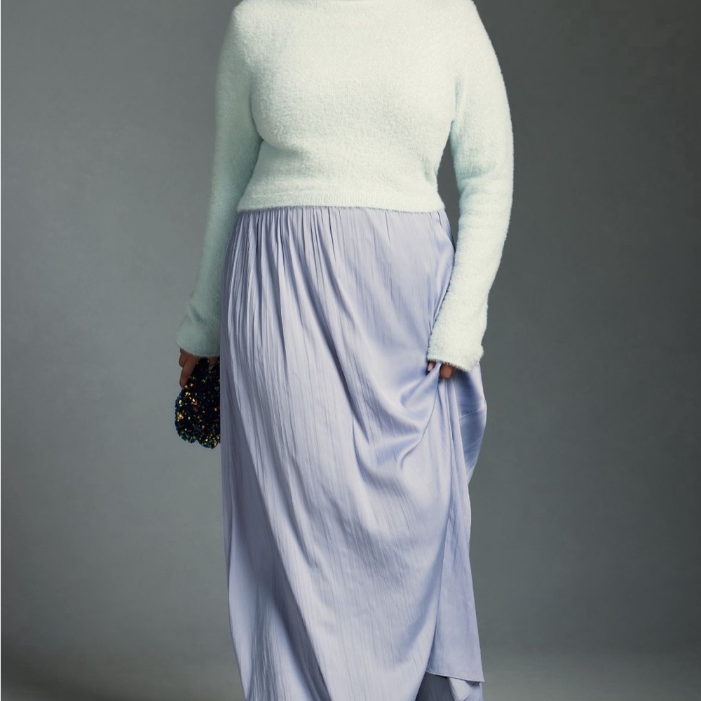 Anthropologie Pale Blue Knit Top with Dusty Blue Satin Skirt Dress - Picture 3 of 10